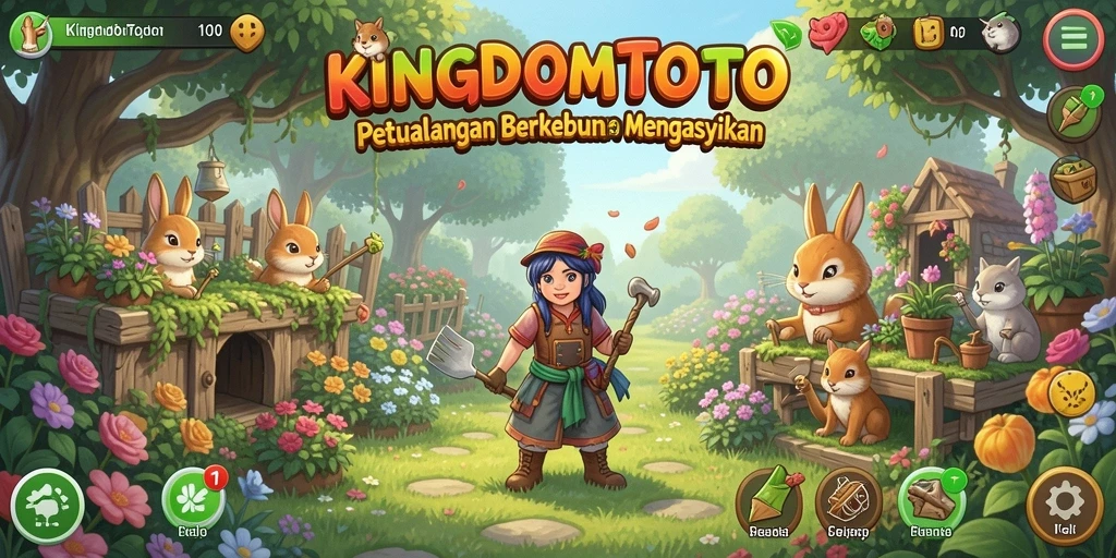 Screenshot gameplay KINGDOMTOTO menunjukkan kebun yang indah dengan tanaman berwarna-warni.