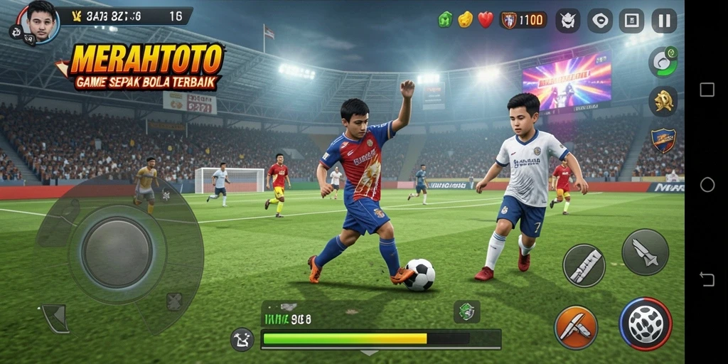 Tampilan gameplay <strong>MERAHTOTO</strong> yang mengasyikkan dengan aksi sepak bola seru.