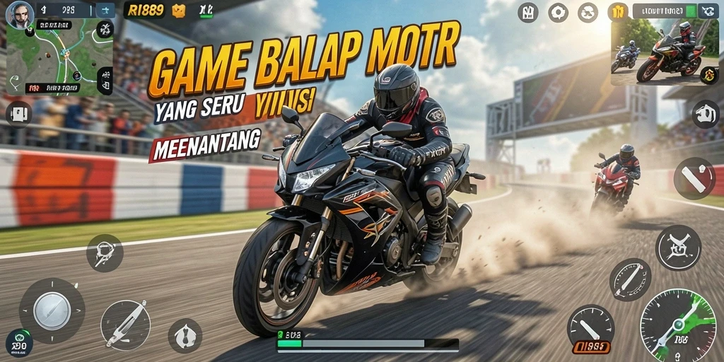 Screenshot RI889 menampilkan aksi balapan motor yang mendebarkan.