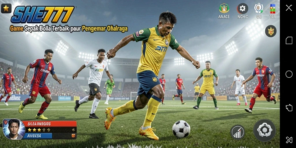 Screenshot gameplay <strong>SHE777</strong> menampilkan aksi seru di lapangan sepak bola.