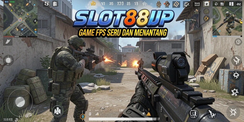 Screenshot dalam aksi yang mendebarkan di SLOT88JP, menunjukkan gameplay FPS yang intens.
